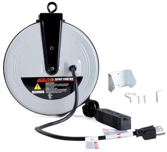 Main image of 25 FT Retractable Extension Cord Reel with 3 Electrical Outlets, 16AWG/3C SJTW Power Cord for Indoor & Outdoor Use, UL Listed