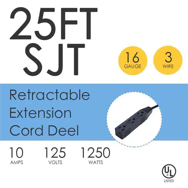 Alt view image 3 of 7 - 25 FT Retractable Extension Cord Reel with 3 Electrical Outlets, 16AWG/3C SJTW Power Cord for Indoor & Outdoor Use, UL Listed