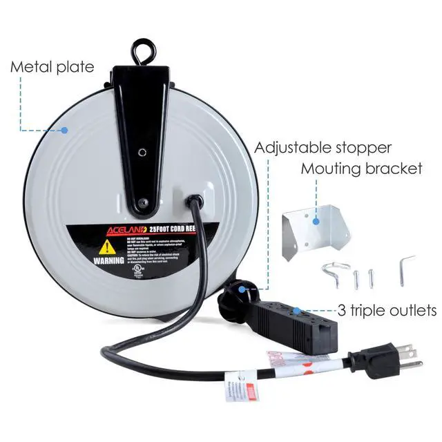 Alt view image 6 of 7 - 25 FT Retractable Extension Cord Reel with 3 Electrical Outlets, 16AWG/3C SJTW Power Cord for Indoor & Outdoor Use, UL Listed