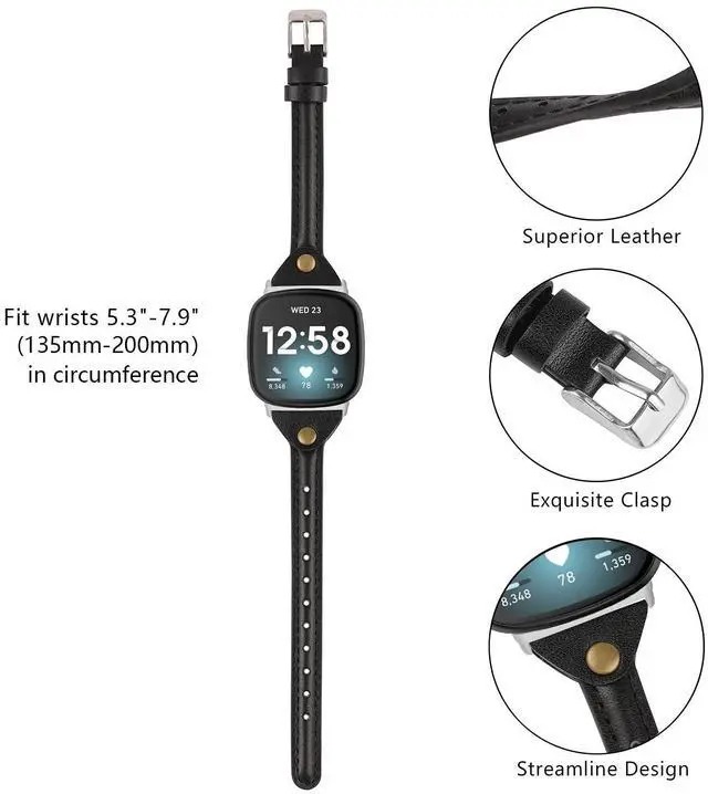 Alt view image 2 of 6 - Compatible with Fitbit Versa 4/Versa 3/Sense 2/Sense Band for Women, Slim & Thin Leather Straps Bracelet Wristband for Fitbit Versa 4/ Fitbit Sense Smartwatch, Black