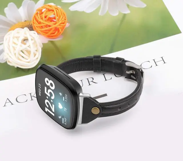 Alt view image 3 of 6 - Compatible with Fitbit Versa 4/Versa 3/Sense 2/Sense Band for Women, Slim & Thin Leather Straps Bracelet Wristband for Fitbit Versa 4/ Fitbit Sense Smartwatch, Black