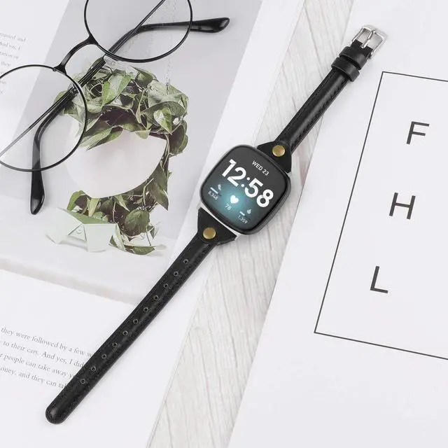 Alt view image 5 of 6 - Compatible with Fitbit Versa 4/Versa 3/Sense 2/Sense Band for Women, Slim & Thin Leather Straps Bracelet Wristband for Fitbit Versa 4/ Fitbit Sense Smartwatch, Black