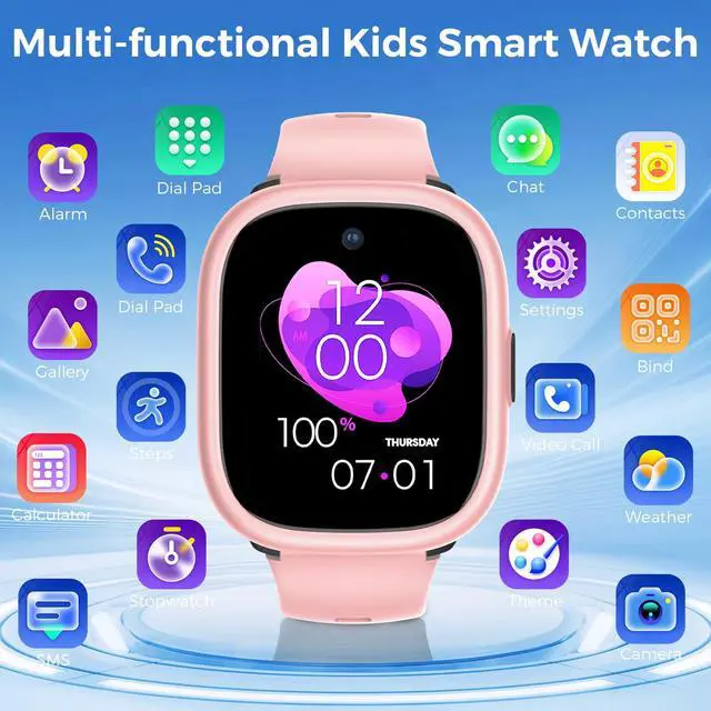 Alt view image 2 of 7 - Kids Smart Watch with SIM Card Slot, GPS Tracker, Call & Video Call, Real-Time Location, Safe Zone Alert, Parental Control, School Mode, Gift for Boys Girls Age 3-15 (Pink)