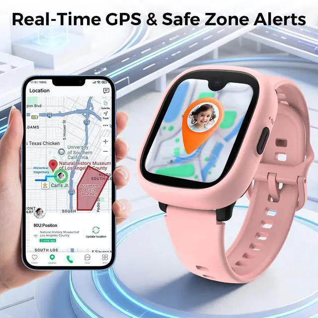 Alt view image 4 of 7 - Kids Smart Watch with SIM Card Slot, GPS Tracker, Call & Video Call, Real-Time Location, Safe Zone Alert, Parental Control, School Mode, Gift for Boys Girls Age 3-15 (Pink)