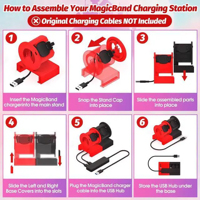 Alt view image 3 of 7 - Modular Charging Stand for MagicBand+, Expandable 2-4 Slot Dock | Includes 4-Port USB Hub and 3.3ft Extension Cable. Theme Park Vacation and Cruise Essentials with Hidden Cable Management