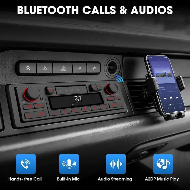Alt view image 2 of 6 - Retro Bluetooth Car Radio System: Single Din European Look Stereo for Classic Vehicles - LCD Display AM FM USB SD AUX USB-C Fast Charge 4-CHN Outputs