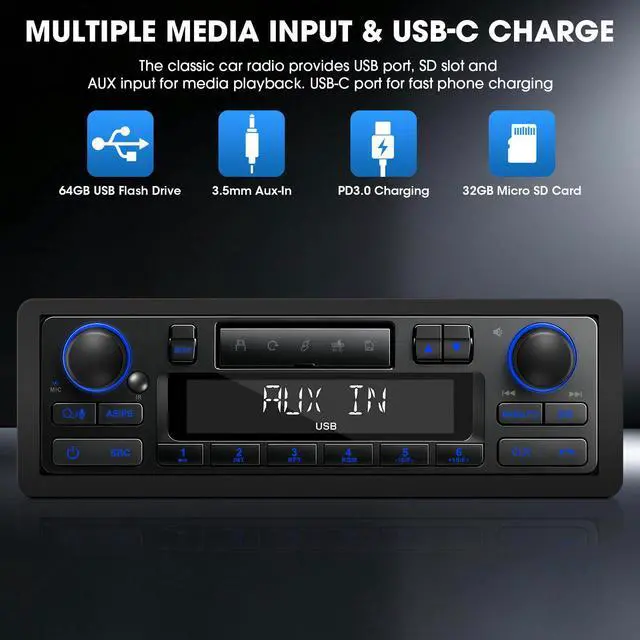 Alt view image 3 of 6 - Retro Bluetooth Car Radio System: Single Din European Look Stereo for Classic Vehicles - LCD Display AM FM USB SD AUX USB-C Fast Charge 4-CHN Outputs