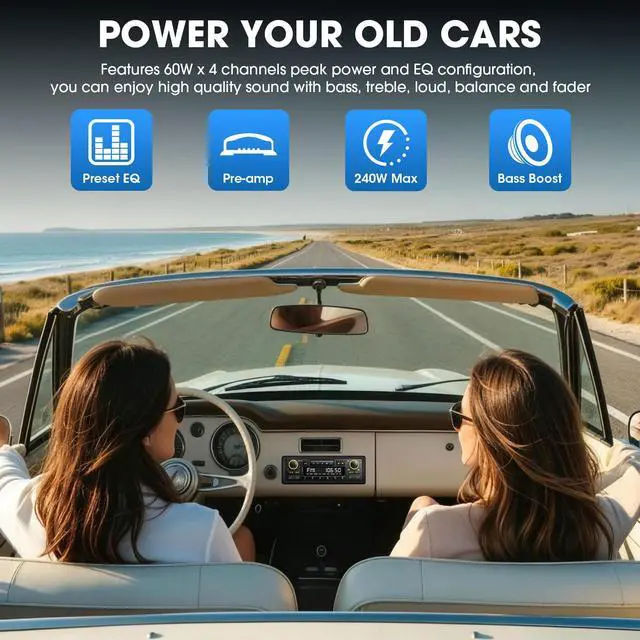 Alt view image 5 of 6 - Retro Bluetooth Car Radio System: Single Din European Look Stereo for Classic Vehicles - LCD Display AM FM USB SD AUX USB-C Fast Charge 4-CHN Outputs