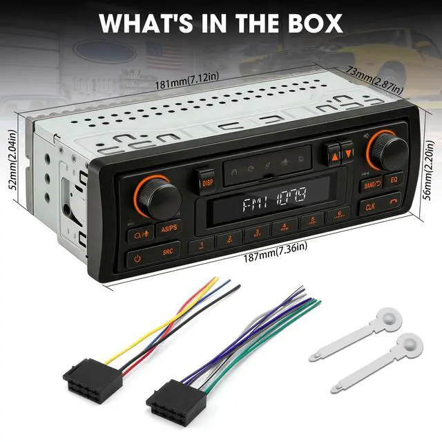 Alt view image 6 of 6 - Retro Bluetooth Car Radio System: Single Din European Look Stereo for Classic Vehicles - LCD Display AM FM USB SD AUX USB-C Fast Charge 4-CHN Outputs