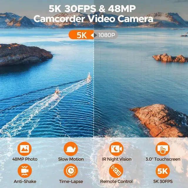 Alt view image 2 of 5 - 5K Video Camera Camcorder 48MP, IR Night Vision Cam Corder, 3.0" 270° Rotation Touch Screen, 16X Digital Zoom Vlogging Camera for YouTube Video Camcorder with Battery, 32GB SD Card & Remote Control