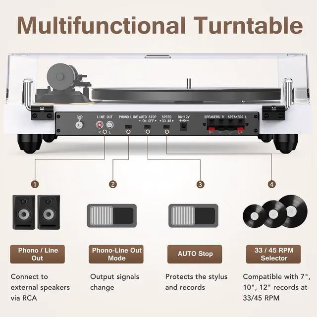 Alt view image 6 of 7 - ® Record Player Turntable Wireless in & Output, High Fidelity Vinyl Player with Adjustable Counterweight & Anti-Skip, Built-in Phono Preamp, AT-3600L Cartridge for Music Lovers, 33/45 RPM