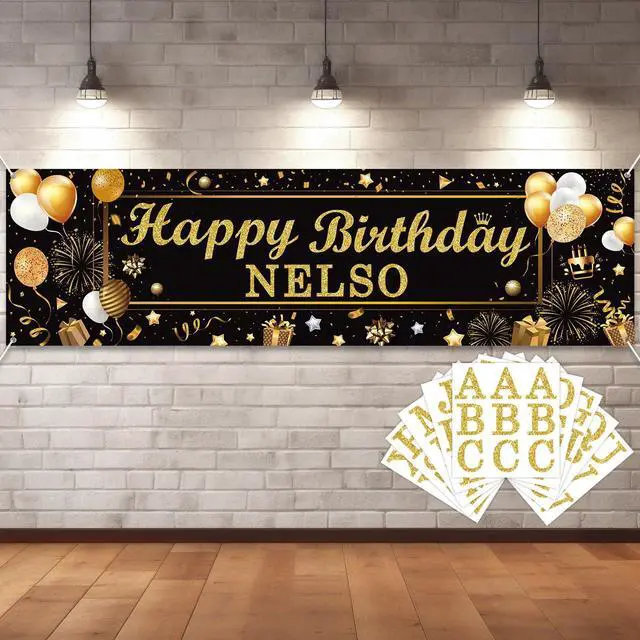 Main image of Personalized Birthday Banner Happy Birthday Party Decoration Custom DIY Black Gold Birthday Party Backdrop with Name Alphabet Letter Sticker Happy Birthday Sign Party Supplies for Men Women