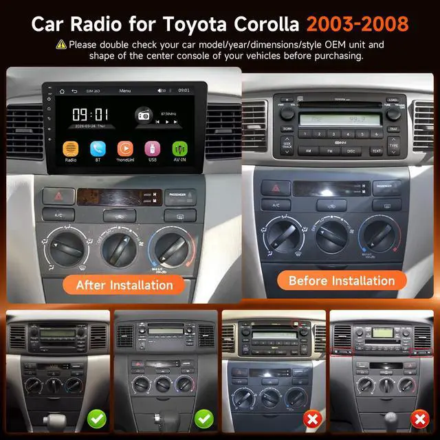 Alt view image 2 of 7 - 9 Inch Linux Car Radio for Toyota Corolla 2003-2008 Carplay Stereo | Upgraded Fast Boot Screen(Non J.B.L Version), 9" IPS Touchscreen Head Unit with Carplay Android Auto Bluetooth FM AM + Camera