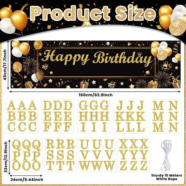 Alt view image 2 of 7 - Personalized Birthday Banner Happy Birthday Party Decoration Custom DIY Black Gold Birthday Party Backdrop with Name Alphabet Letter Sticker Happy Birthday Sign Party Supplies for Men Women