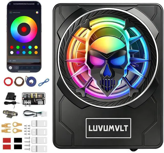 Main image of 1200W 10" Skull Car Subwoofer with APP-Controlled RGB Beat-Sync Lights, Slim Under Seat Powered Built-in Amplifier, Low Pass Filter/Gain/Bass Boost, Deep Bass for Car/Truck/SUV/Jeep