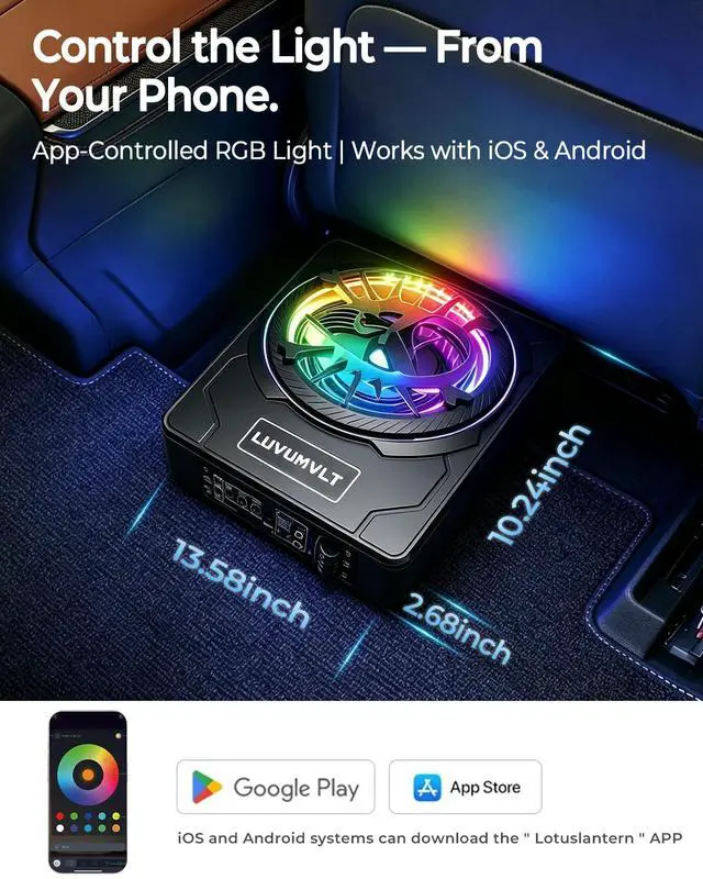 Alt view image 4 of 7 - 1200W 10" Skull Car Subwoofer with APP-Controlled RGB Beat-Sync Lights, Slim Under Seat Powered Built-in Amplifier, Low Pass Filter/Gain/Bass Boost, Deep Bass for Car/Truck/SUV/Jeep