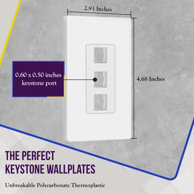 Alt view image 2 of 7 - 3 Port Keystone Jack RJ45 Screwless Wall Plate, Cat7 Cat6 Cat5 Compatible, Size 1-Gang 4.69" x 2.93", Ports 0.60" x 0.50", Polycarbonate Thermoplastic, SI8873-10PCS, Glossy, White (10 Pack)