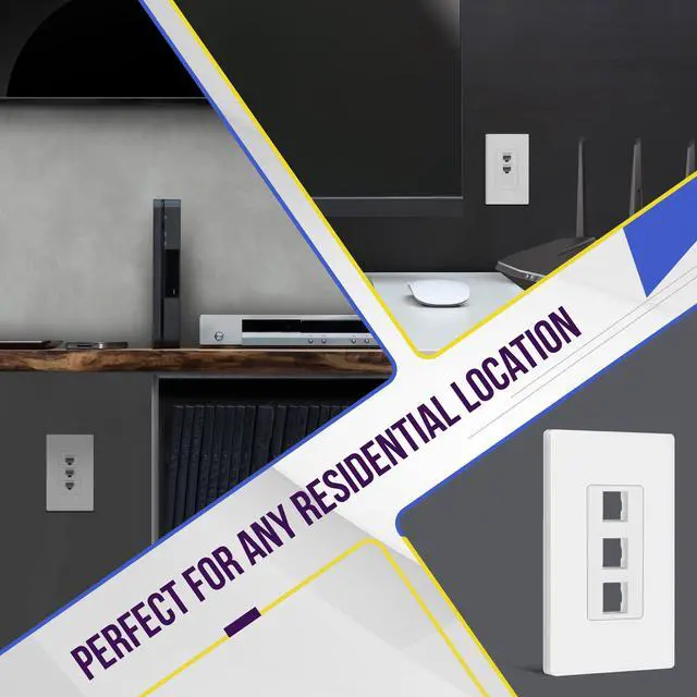 Alt view image 4 of 7 - 3 Port Keystone Jack RJ45 Screwless Wall Plate, Cat7 Cat6 Cat5 Compatible, Size 1-Gang 4.69" x 2.93", Ports 0.60" x 0.50", Polycarbonate Thermoplastic, SI8873-10PCS, Glossy, White (10 Pack)