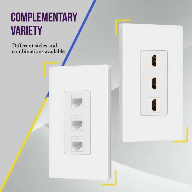 Alt view image 5 of 7 - 3 Port Keystone Jack RJ45 Screwless Wall Plate, Cat7 Cat6 Cat5 Compatible, Size 1-Gang 4.69" x 2.93", Ports 0.60" x 0.50", Polycarbonate Thermoplastic, SI8873-10PCS, Glossy, White (10 Pack)
