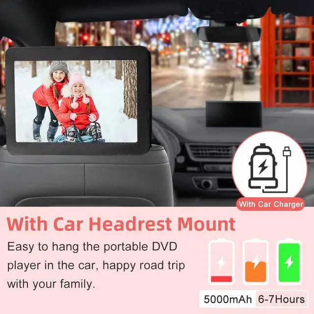 Alt view image 3 of 7 - 16.5 Portable DVD Player, 6Hr Battery, Car Headrest Mount, Remote | 1280x800 HD 14.1"Swivel Screen, 5000mAh Battery, Supports CD/DVD/SD/USB, for Car & Home, Region Free