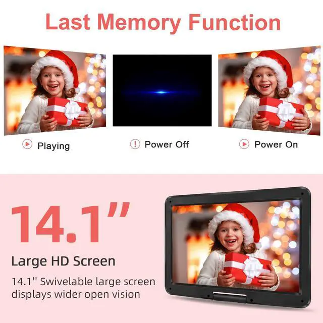 Alt view image 2 of 7 - 16.5 Portable DVD Player, 6Hr Battery, Car Headrest Mount, Remote | 1280x800 HD 14.1"Swivel Screen, 5000mAh Battery, Supports CD/DVD/SD/USB, for Car & Home, Region Free