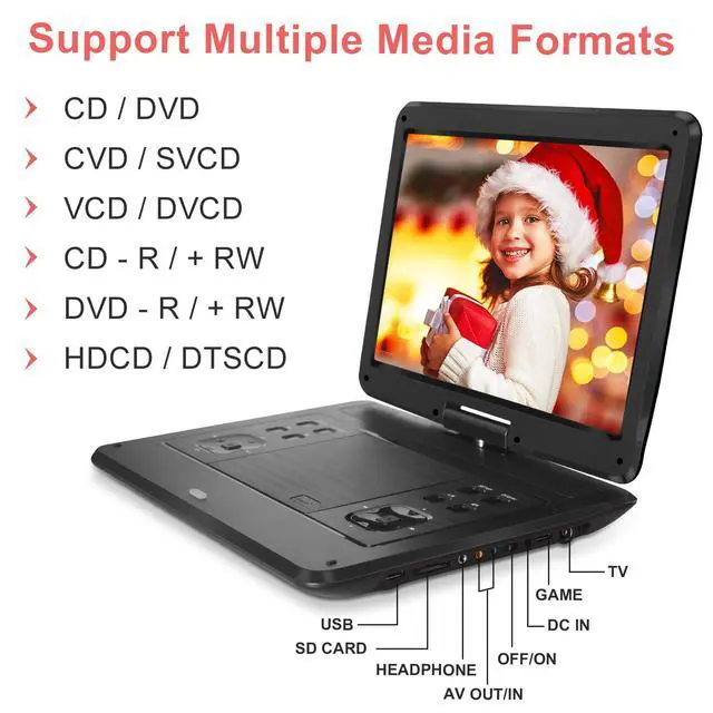 Alt view image 5 of 7 - 16.5 Portable DVD Player, 6Hr Battery, Car Headrest Mount, Remote | 1280x800 HD 14.1"Swivel Screen, 5000mAh Battery, Supports CD/DVD/SD/USB, for Car & Home, Region Free