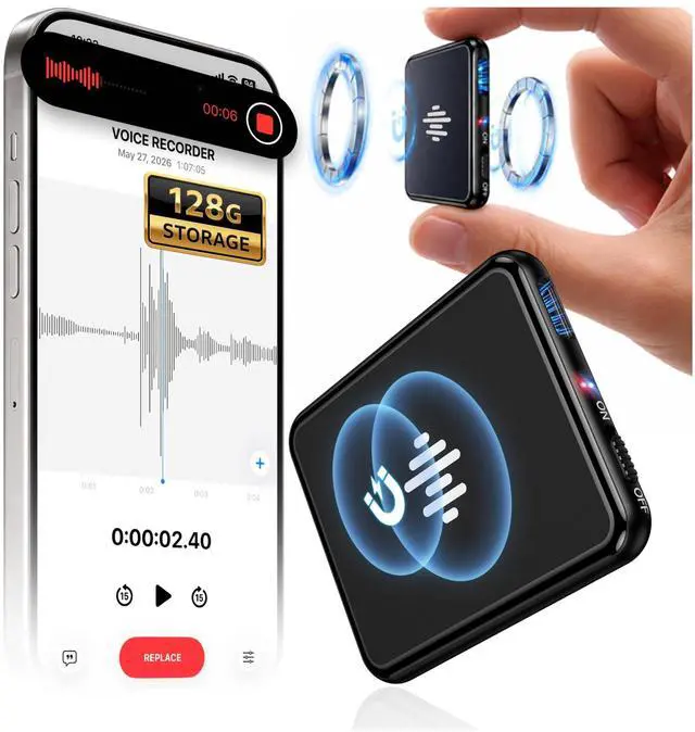 Main image of 128GB (9800Hour) Digital Voice Activated Recorder, Double-Sided Magnetic Audio Recorder with Playback, USB-C Voice Recorder with AI Noise Reduction, MP3 Listening Devices, 70H Continuous for Lectures