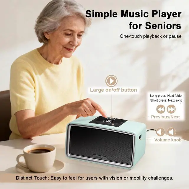 Alt view image 2 of 7 - Simple Music Player for Seniors, MP3 Player with 32GB TF Card, Blue | Music Box with Adjustable Volume & One-Touch Play for Elderly, Dementia, Alzheimer's & Visually Impaired, Playback Memory