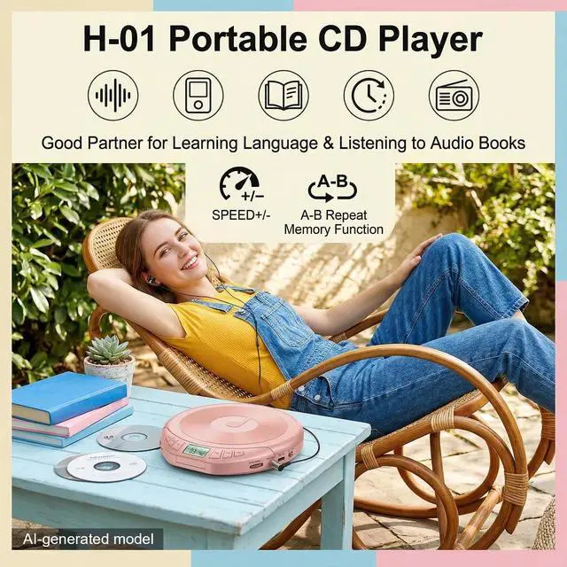 Alt view image 2 of 7 - Portable CD Player with Earphones,Personal CD Discman Player | for Home Car with Anti-Skip Shockproof Protection, Small CD Player with LCD Display for Music Lovers