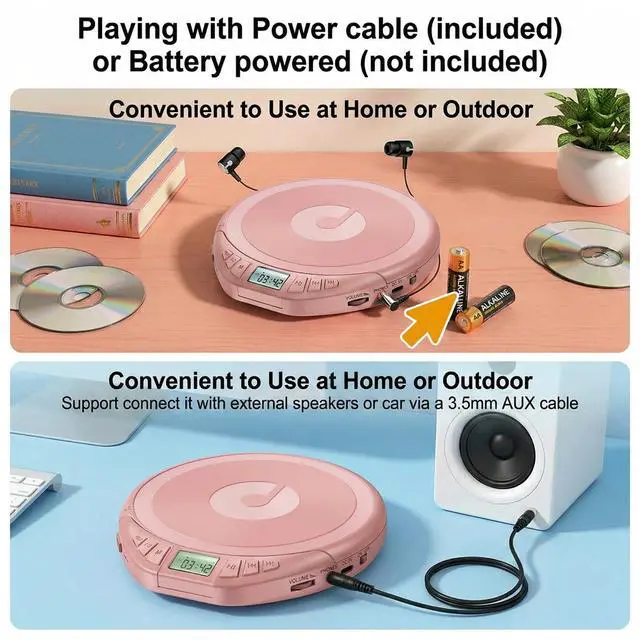 Alt view image 3 of 7 - Portable CD Player with Earphones,Personal CD Discman Player | for Home Car with Anti-Skip Shockproof Protection, Small CD Player with LCD Display for Music Lovers