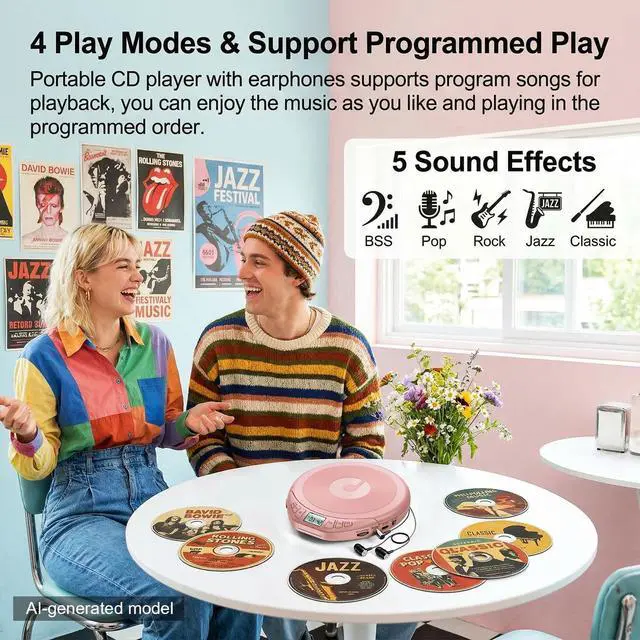 Alt view image 5 of 7 - Portable CD Player with Earphones,Personal CD Discman Player | for Home Car with Anti-Skip Shockproof Protection, Small CD Player with LCD Display for Music Lovers