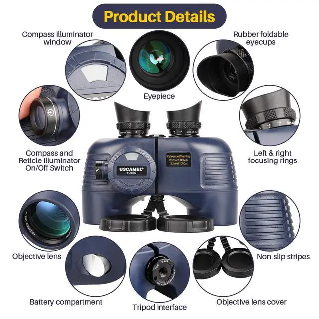 Alt view image 2 of 7 - Marine Binoculars 10x50 Waterproof with Compass Rangefinder BAK4 for Adults | BAK4 FMC Optics for Clear Views, Built-in Compass and Rangefinder, Waterproof Perfect for Boating Sailing Fishing Hunting