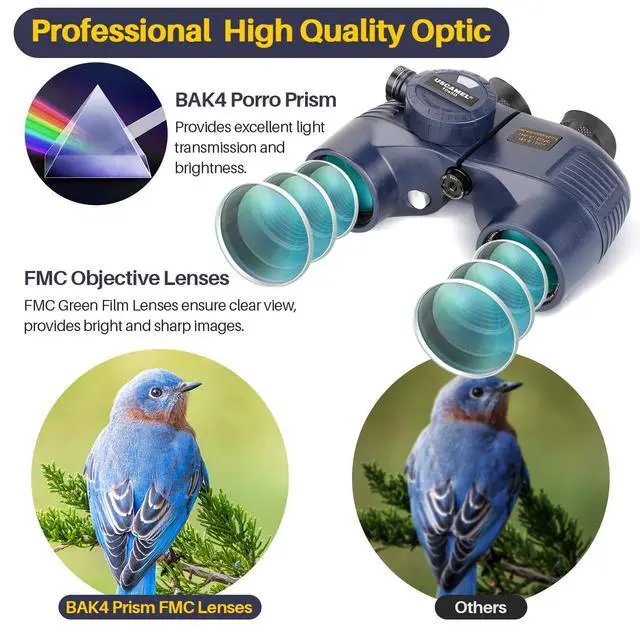 Alt view image 3 of 7 - Marine Binoculars 10x50 Waterproof with Compass Rangefinder BAK4 for Adults | BAK4 FMC Optics for Clear Views, Built-in Compass and Rangefinder, Waterproof Perfect for Boating Sailing Fishing Hunting