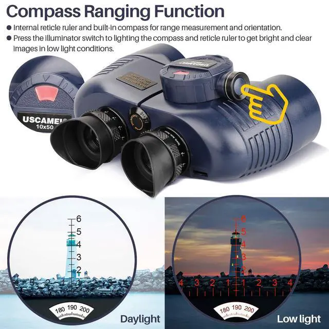 Alt view image 4 of 7 - Marine Binoculars 10x50 Waterproof with Compass Rangefinder BAK4 for Adults | BAK4 FMC Optics for Clear Views, Built-in Compass and Rangefinder, Waterproof Perfect for Boating Sailing Fishing Hunting