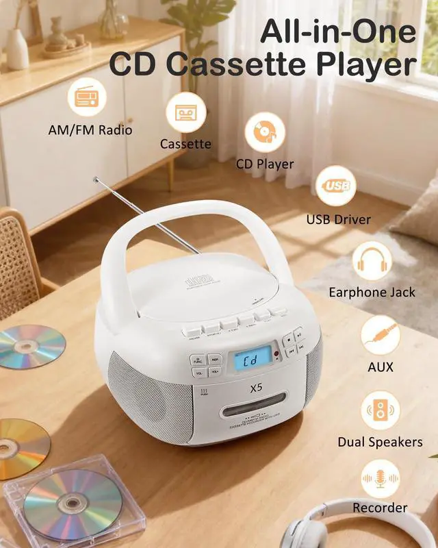 Alt view image 2 of 7 - Portable CD and Cassette Player Combo Boombox with AM FM Radio | CD Cassette Player with Bluetooth, Remote Control, Tape Recording, AUX/TF/USB/MP3 Playback, AC/DC Powered, Gift for Seniors
