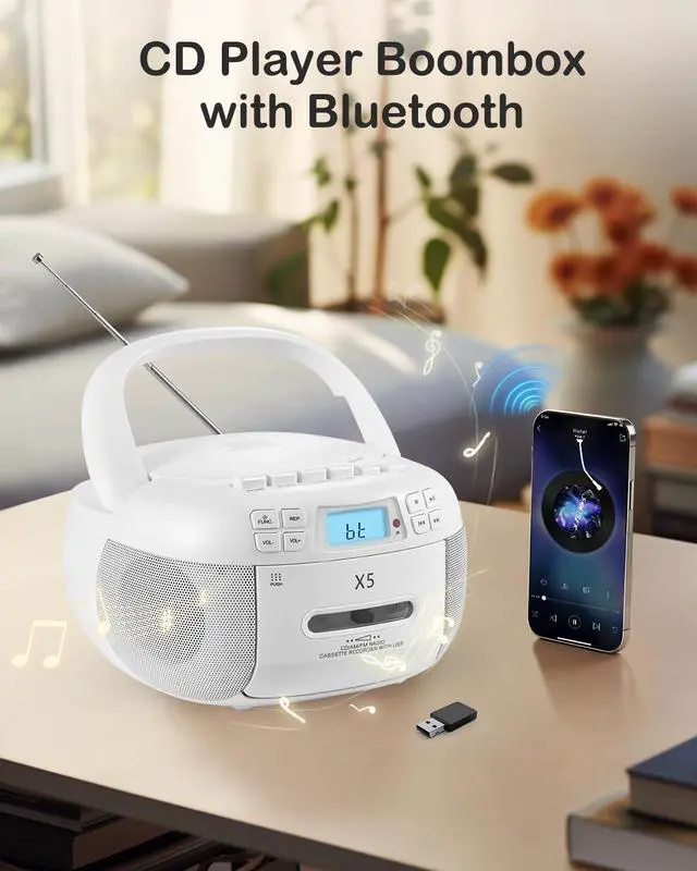 Alt view image 4 of 7 - Portable CD and Cassette Player Combo Boombox with AM FM Radio | CD Cassette Player with Bluetooth, Remote Control, Tape Recording, AUX/TF/USB/MP3 Playback, AC/DC Powered, Gift for Seniors