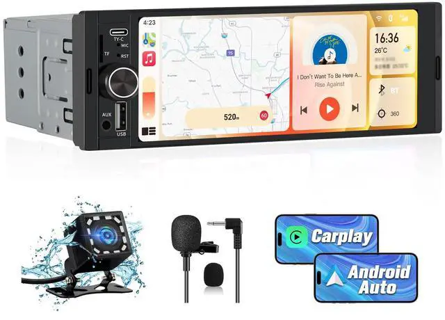 Main image of Universal Single Din Car Stereo with Wireless CarPlay & Android Auto, 6.36 Inch IPS Touch Screen Head Unit with Backup Camera/External Microphone, Car Radio Supports Bluetooth/SWC/FM/USB/TF