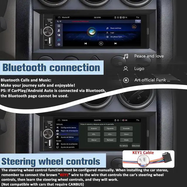 Alt view image 5 of 7 - Universal Single Din Car Stereo with Wireless CarPlay & Android Auto, 6.36 Inch IPS Touch Screen Head Unit with Backup Camera/External Microphone, Car Radio Supports Bluetooth/SWC/FM/USB/TF