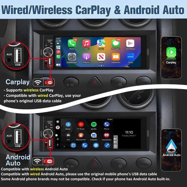 Alt view image 4 of 7 - Universal Single Din Car Stereo with Wireless CarPlay & Android Auto, 6.36 Inch IPS Touch Screen Head Unit with Backup Camera/External Microphone, Car Radio Supports Bluetooth/SWC/FM/USB/TF