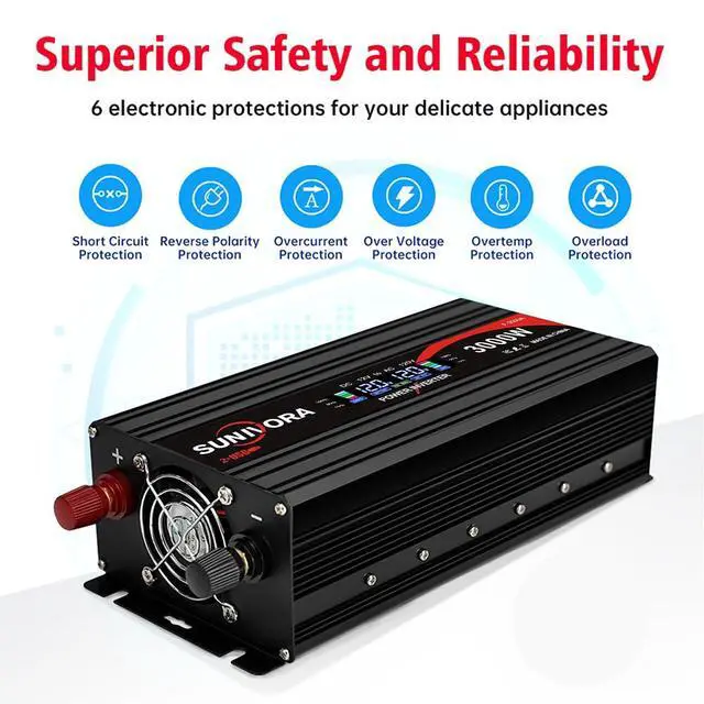 Alt view image 4 of 7 - 3000 Watt Power Inverter 12V DC to 110V/120V AC Converter 6000W Peak with LCD Display, 3 AC Outlets & 2 USB Ports Power Inverters for Vehicles Car Truck Boat RV Camping Solar System EPS