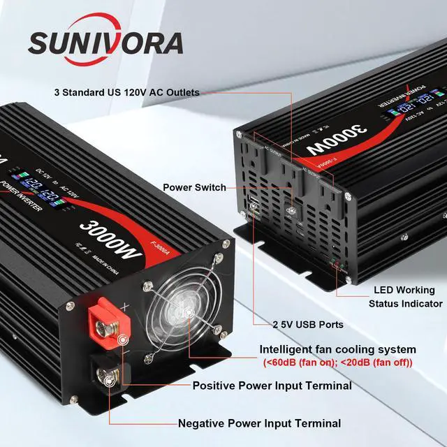 Alt view image 2 of 7 - 3000 Watt Power Inverter 12V DC to 110V/120V AC Converter 6000W Peak with LCD Display, 3 AC Outlets & 2 USB Ports Power Inverters for Vehicles Car Truck Boat RV Camping Solar System EPS
