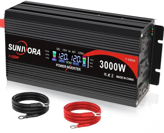Main image of 3000 Watt Power Inverter 12V DC to 110V/120V AC Converter 6000W Peak with LCD Display, 3 AC Outlets & 2 USB Ports Power Inverters for Vehicles Car Truck Boat RV Camping Solar System EPS