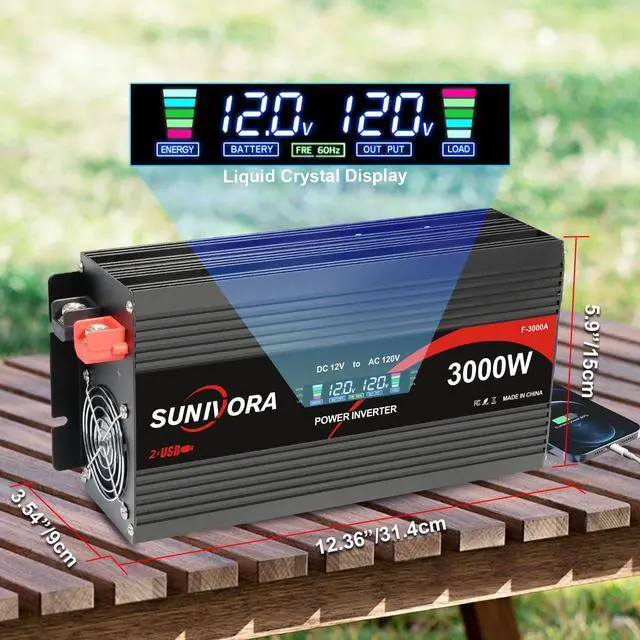 Alt view image 6 of 7 - 3000 Watt Power Inverter 12V DC to 110V/120V AC Converter 6000W Peak with LCD Display, 3 AC Outlets & 2 USB Ports Power Inverters for Vehicles Car Truck Boat RV Camping Solar System EPS
