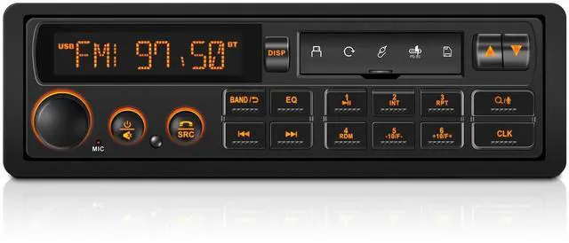 Main image of Retro Single Din Car Stereo: European Vintage Radio for Classic Vehicles | Orange Display Bluetooth 4-CHN 2 Subwoofer Outputs AM FM USB SD AUX Type-C Charge