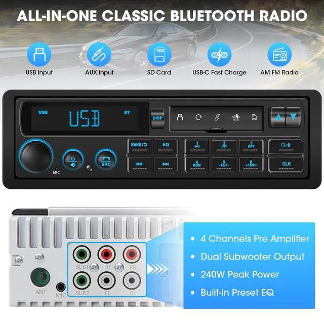 Alt view image 3 of 6 - Retro Single Din Car Stereo: European Vintage Radio for Classic Vehicles | Orange Display Bluetooth 4-CHN 2 Subwoofer Outputs AM FM USB SD AUX Type-C Charge