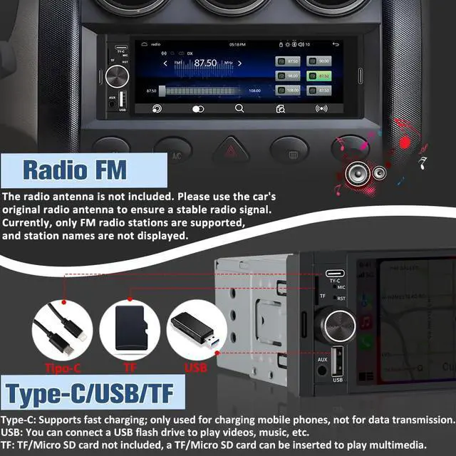 Alt view image 7 of 7 - Universal Single Din Car Stereo with Wireless CarPlay & Android Auto, 6.36 Inch IPS Touch Screen Head Unit with Backup Camera/External Microphone, Car Radio Supports Bluetooth/SWC/FM/USB/TF