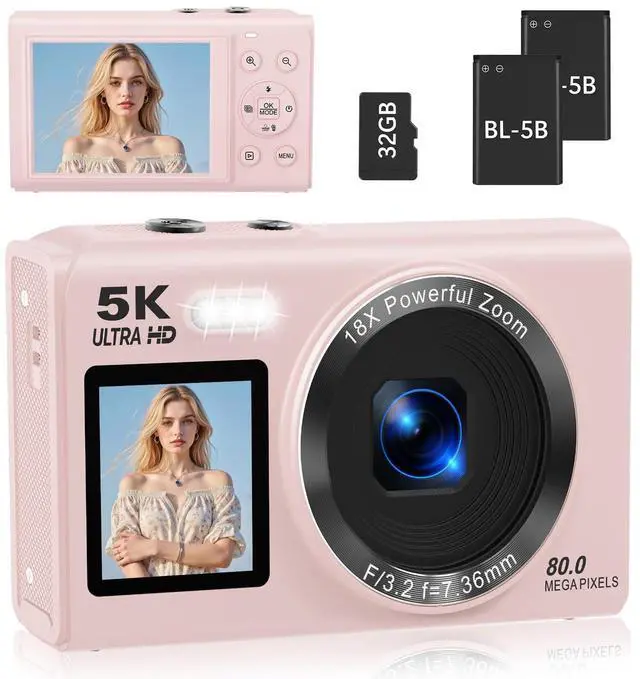 Main image of Dual Screen 5K Digital Camera for Vlogging with Fill Light - 80MP, 16X Zoom, WiFi, YouTube/Blogging, Includes 32GB Card & 2 Batteries (X9-Black)