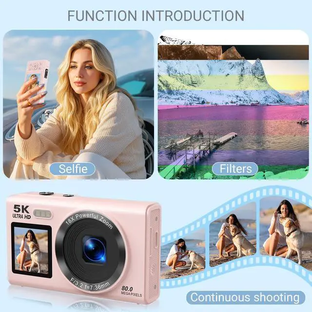Alt view image 2 of 6 - Dual Screen 5K Digital Camera for Vlogging with Fill Light - 80MP, 16X Zoom, WiFi, YouTube/Blogging, Includes 32GB Card & 2 Batteries (X9-Black)