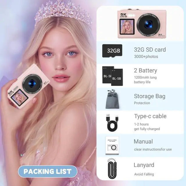 Alt view image 6 of 6 - Dual Screen 5K Digital Camera for Vlogging with Fill Light - 80MP, 16X Zoom, WiFi, YouTube/Blogging, Includes 32GB Card & 2 Batteries (X9-Black)