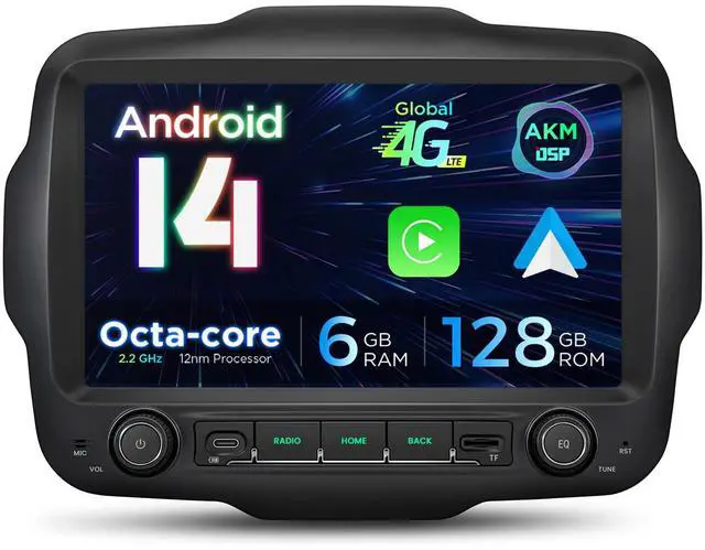 Main image of 9 Android Car Stereo for Jeep Renegade 2015-2020, Octa Core, 6+128G | QLED Touch Screen Android 14 Head Unit, Wireless CarPlay/Android Auto, GPS Navigation, Bluetooth, DSP, 4G, Gyro Sensor